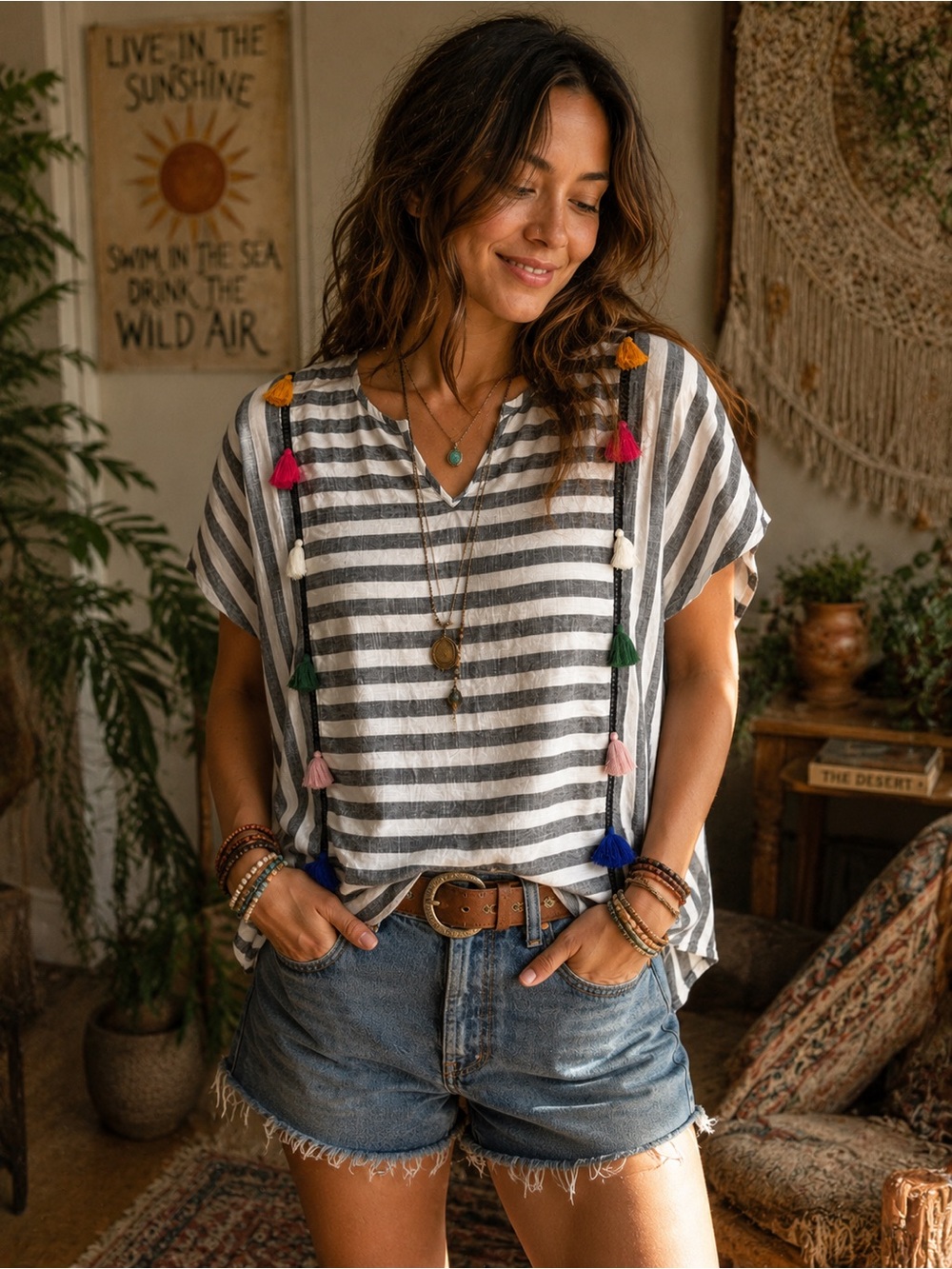 THML Striped V-Neck Tassel Top with Multi-Colored Accents Women’s L Boho Cotton